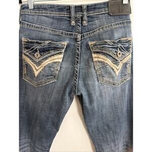 Salvage Mayhem Straight Leg Embroidered Jeans Buckle Dark Wash Y2K 90s 32x33